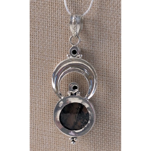 Sterling Silver Jasper Onyx Modern Circle Pendant Necklace 925 Artisan 24" - Picture 4 of 7